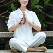 Buddha Stones 2Pcs Half Sleeve V-Neck Shirt Top Pants Meditation Zen Tai Chi Linen Clothing Women's Set Women's Meditation Cloth BS White(Top&Pants) 2XL(Bust 108cm/Waist 72-106cm/Pants Length 100cm)