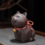 Buddha Stones Mini Lovely Cat Tea Pet Purple Clay Figurine Desk Decoration