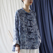 Buddha Stones Retro Blue White Flowers Frog-Button Design Long Sleeve Ramie Linen Jacket Shirt 7