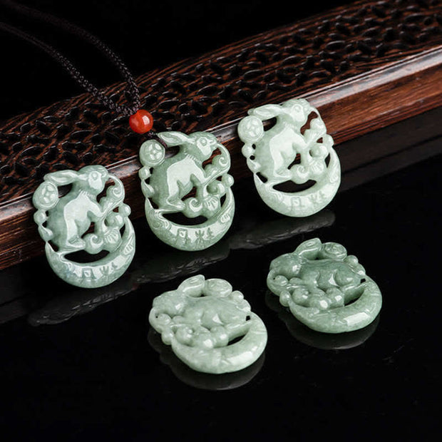 Year of the Rabbit Jade Luck Crescent Mooon Necklace Pendant