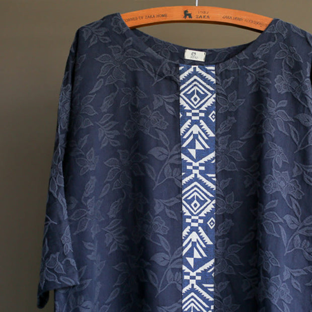 Buddha Stones Blue Flowers Embroidery Jacquard Midi Dress Three Quarter Sleeve Cotton Dress With Pockets 6