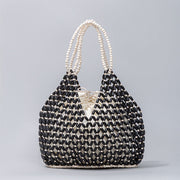 Buddha Stones Hand-woven Wooden Beads Shoulder Bag Handbags Shoulder Bag&Handbags BS Black 27*12*29cm