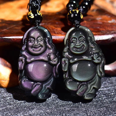 Natural Rainbow Obsidian Laughing Buddha Inner Peace Necklace Pendant Necklaces & Pendants BS Rainbow Obsidian&Bead String
