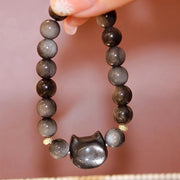 Buddha Stones Gold Sheen Obsidian Silver Sheen Obsidian Lovely Paw Lucky Cat Protection Bracelet