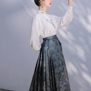 Buddha Stones Chinese Hanfu Blue Patio Plum Blossoms Printed Horse Face Skirt Mamianqun 9