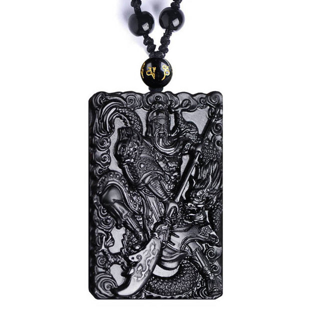 Buddha Stones Black Obsidian Guan Gong Amulet Engraved Strength Necklace Pendant Necklaces & Pendants BS 8