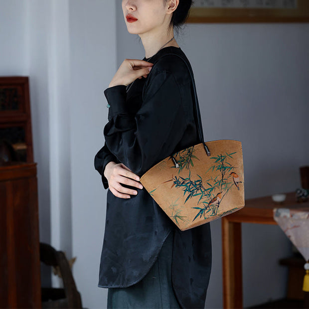 Buddha Stones Vintage Bamboo Magpie Peony Butterfly Large Capacity Shoulder Bag Handbag Shoulder Bag BS 8