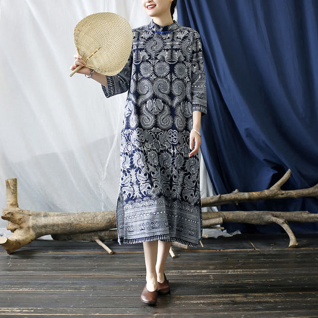 Buddha Stones Blue White Flower Frog-button Midi Dress Three Quarter Sleeve Linen Batik Dress With Pockets 1