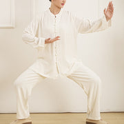Buddha Stones 2Pcs White Frog-Button Long Sleeve Shirt Top Pants Meditation Zen Tai Chi Cotton Linen Clothing Women's Set Women's Meditation Cloth BS 1