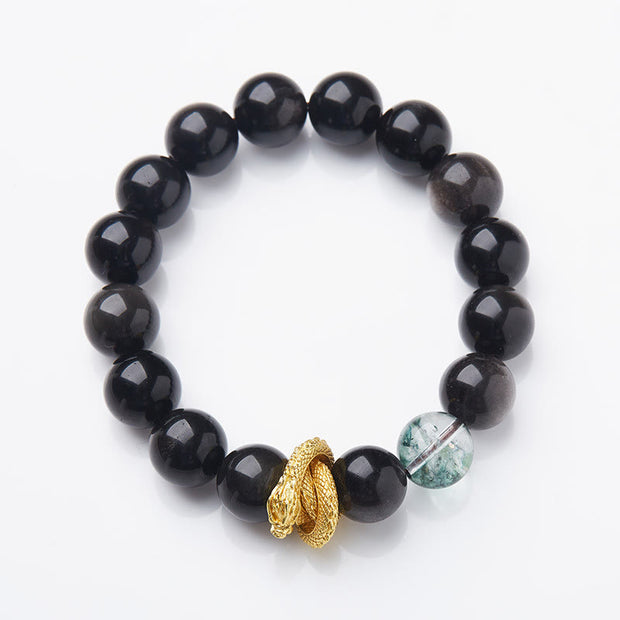 Buddha Stones Natural Silver Sheen Obsidian Dragon Green Phantom Protection Bracelet