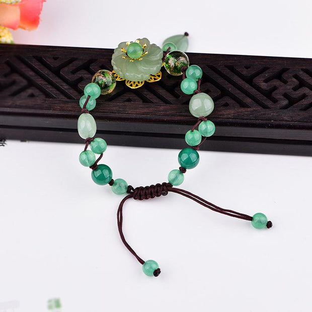 Buddha Stones Natural Green Jade Luck Dangling Flower Bracelet Bracelet BS 9