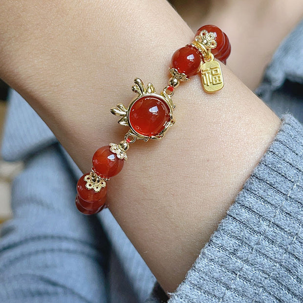 Buddha Stones Year of the Dragon Red Agate Jade Peace Buckle Fu Character Success Bracelet Bracelet BS 10