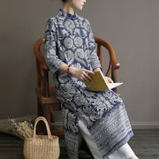 Buddha Stones Blue And White Porcelain Pattern Frog-button Midi Dress Three Quarter Sleeve Linen Batik Dress With Pockets 9