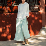 Buddha Stones Long Sleeve Jacket Shirt Top Wide Leg Pants Zen Tai Chi Yoga Meditation Clothing 2-Piece Outfit BS White Top&Green Pants XL