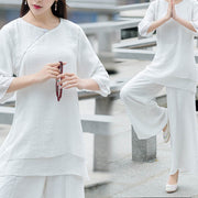 Buddha Stones 2Pcs Simple Design White Top Pants Meditation Yoga Zen Tai Chi Cotton Linen Clothing Women's Set Clothes BS 1