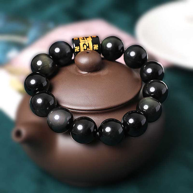 Buddha Stones Rainbow Obsidian Om Mani Padme Hum Swastika Positive Bracelet