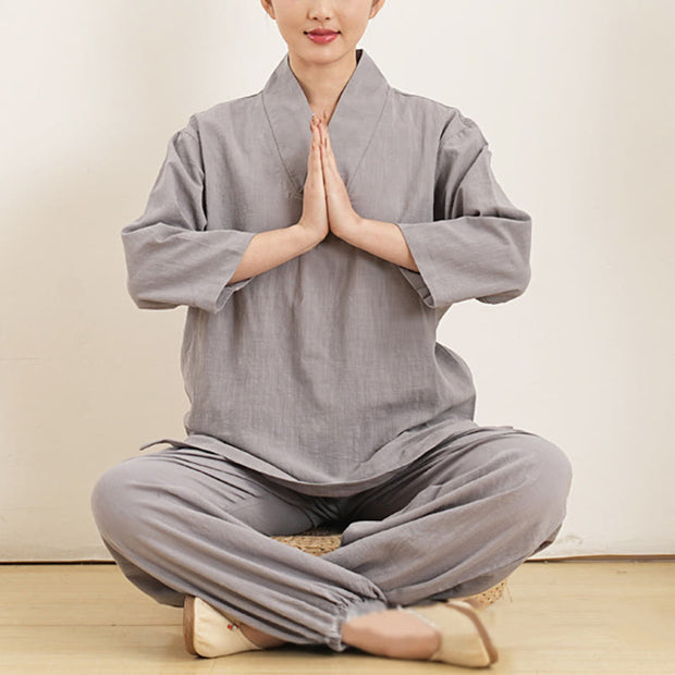 Buddha Stones 2Pcs V-Neck Three Quarter Sleeve Shirt Top Pants Meditation Zen Tai Chi Cotton Linen Clothing Women's Set 5