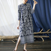 Buddha Stones Blue White Flower Frog-button Midi Dress Three Quarter Sleeve Linen Batik Dress With Pockets