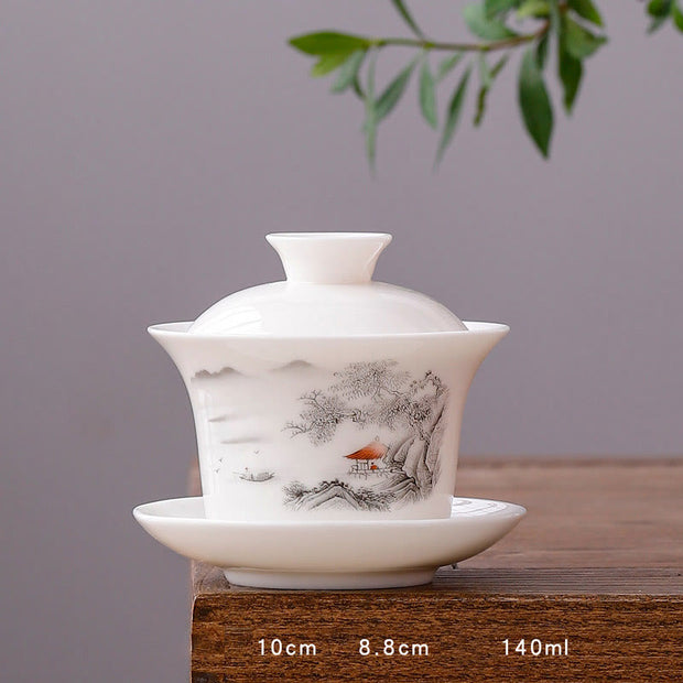 Buddha Stones White Porcelain Mountain Landscape Countryside Ceramic Gaiwan Teacup Kung Fu Tea Cup And Saucer With Lid Cup BS Long Cup-Pavilion and Pine(8.8cm*10cm*140ml)