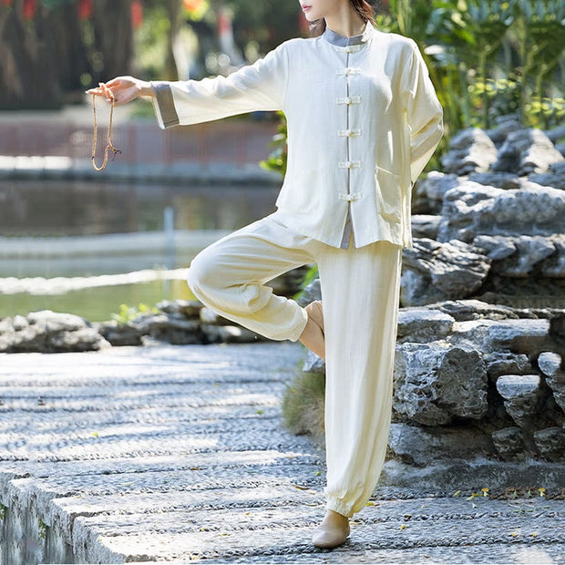 Buddha Stones 2Pcs Frog-Button Long Sleeve Shirt Top Pants Meditation Zen Tai Chi Cotton Linen Clothing Women's Set Women's Meditation Cloth BS Beige(Top&Pants) 2XL(Bust 110cm/Waist 72-112cm/Hips 132cm)