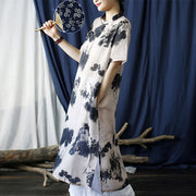 Buddha Stones Ramie Linen Ink Lotus Leaf Cheongsam Dresses Short Sleeve Dress 4