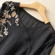 Buddha Stones Flower Vine Embroidery Three Quarter Sleeve Cotton Linen Shirt T-shirt Tee