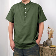 Buddha Stones Men's Plain Color Short Sleeve Half Button Cotton Linen Shirt Men's Shirts BS OliveDrab 3XL(Fit for US/UK/AU44; EU54)