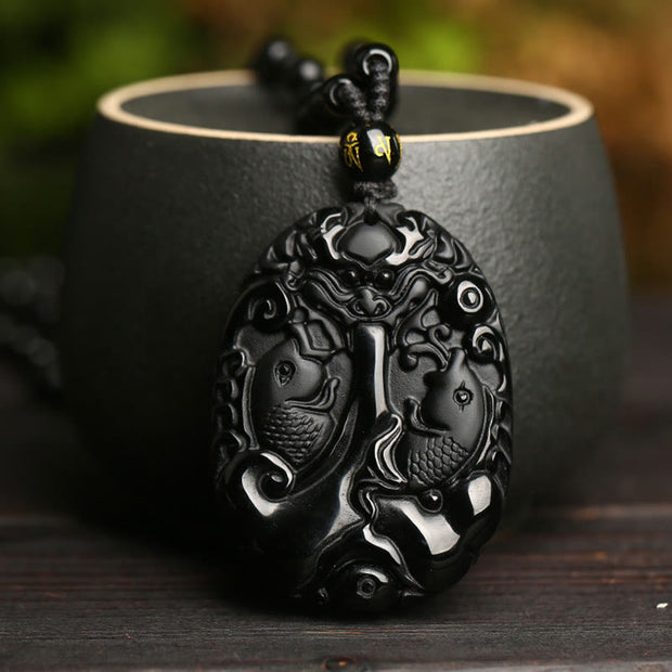 FREE Today: Bring Good Fortune Black Obsidian Koi Fish Bead Rope Fulfilment Luck Necklace Pendant