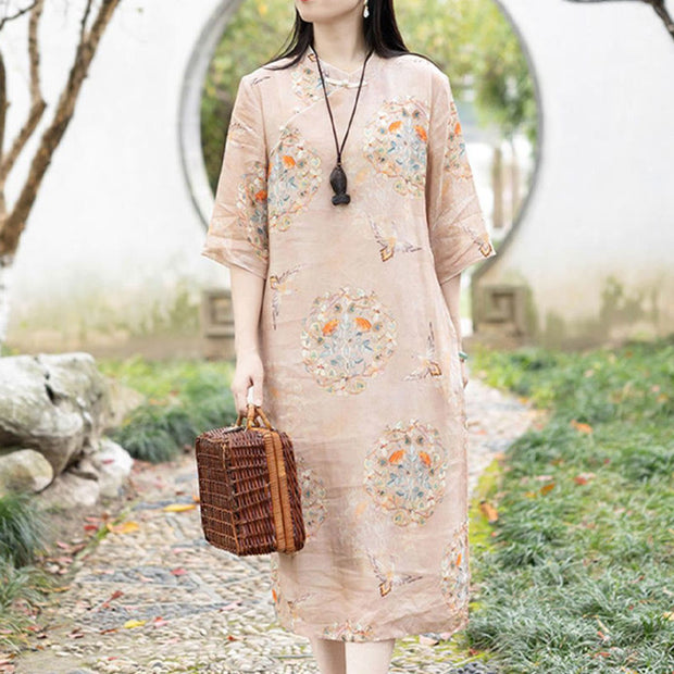 Buddha Stones Orange Flower Bird Print Cheongsam Midi Dress Cotton Linen Half Sleeve Dress With Pockets