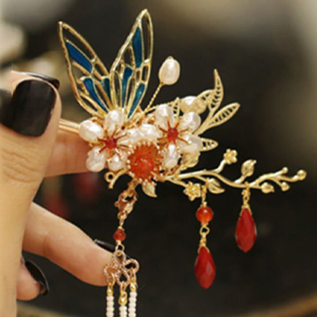 Buddha Stones Classical Chinese Style Flower Branche Butterfly Pearl Tassel Hair Clip Hair Comb Hair Crown