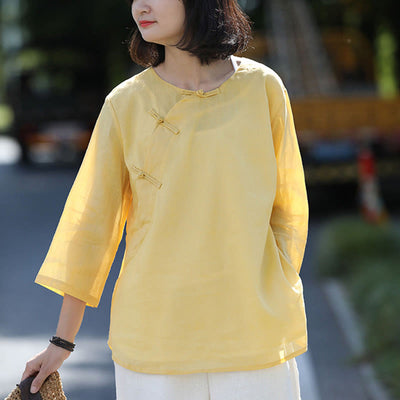 Buddha Stones Ramie Linen Loose Double Layer Blouse Three Quarter Sleeve Shirt Frog-Button Top