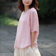 Buddha Stones V-Neck Ramie Linen Loose Casual Blouse Short Sleeve Shirt Chinese Style Top