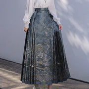 Buddha Stones Chinese Hanfu Blue Patio Plum Blossoms Printed Horse Face Skirt Mamianqun 2