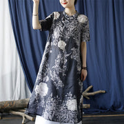 Buddha Stones Ramie Linen Blue Flowers Leaves Cheongsam Dresses Short Sleeve Dress 17