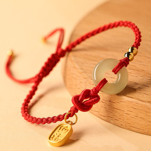 Buddha Stones Hetian Jade Peace Buckle Fu Character String Luck Bracelet 2