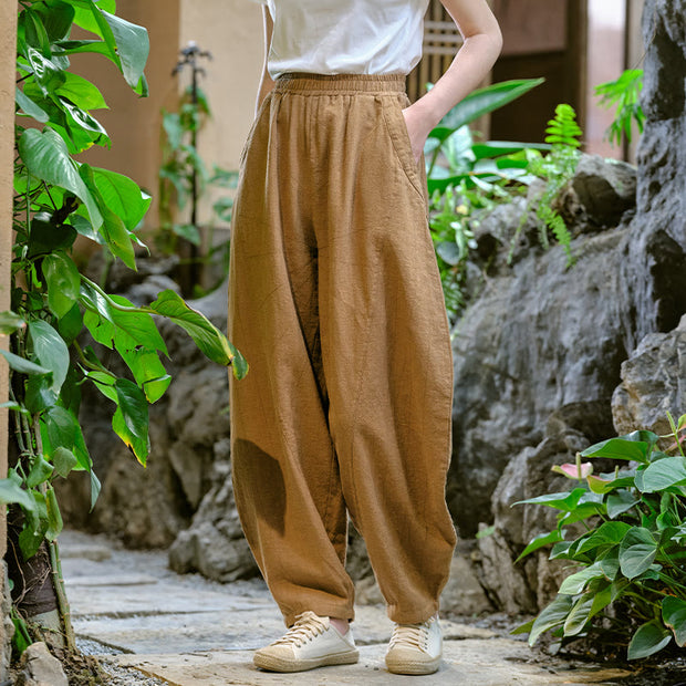 Buddha Stones Solid Color Loose Yoga Harem Pants With Pockets Harem Pants BS Brown(Waist 66-96cm/Hips 122cm/Length 98cm)