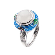 Buddha Stones 925 Sterling Silver Blue Enamel Round Hetian Jade Luck Necklace Pendant Ring Set