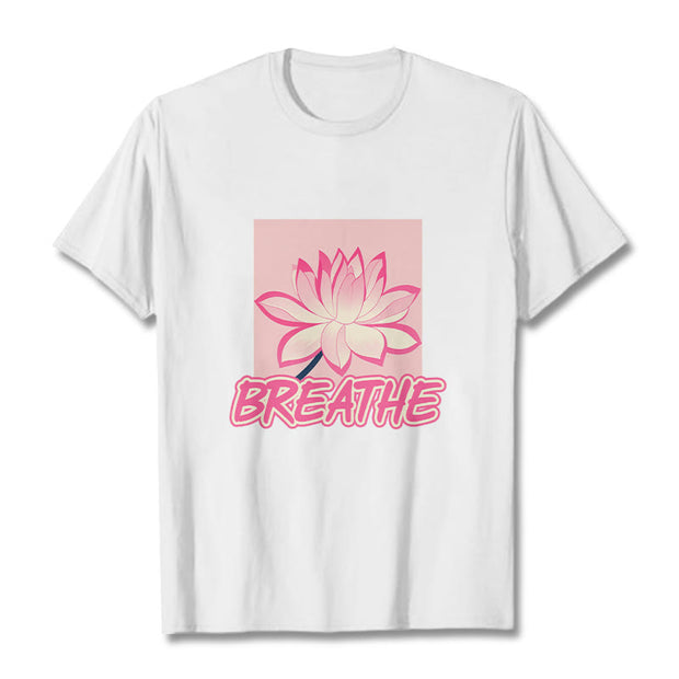 Buddha Stones BREATHE Pink Lotus Flower Tee T-shirt T-Shirts BS White 2XL