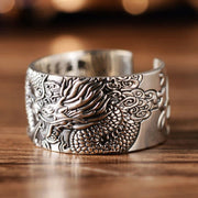 Buddha Stones 999 Sterling Silver Dragon Carved Pattern Protection Success Ring