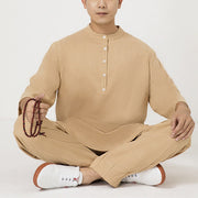 Buddha Stones 2Pcs Buttons Men's Three Quarter Sleeve Shirt Top Pants Meditation Zen Tai Chi Cotton Linen Clothing Set 14