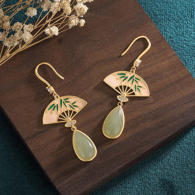 Buddha Stones Natural Green Aventurine Fan Pattern Luck Drop Earrings Earrings BS 2