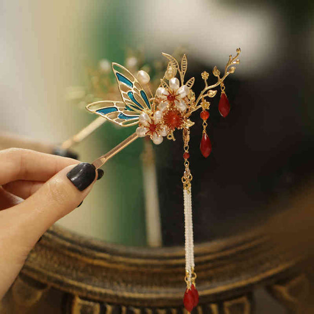 Buddha Stones Classical Chinese Style Flower Branche Butterfly Pearl Tassel Hair Clip Hair Comb Hair Crown