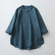 Buddha Stones Solid Color Button Three Quarter Sleeve Cotton Linen Shirt
