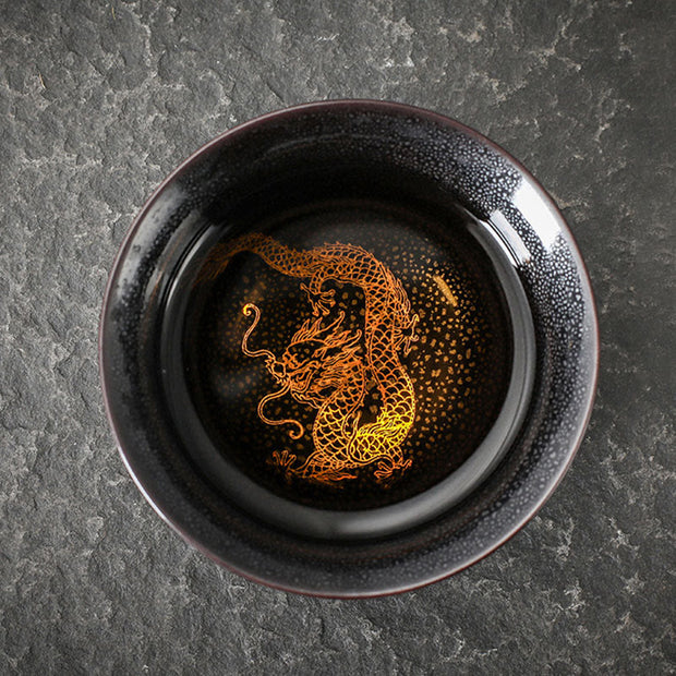 Buddha Stones Gold Leaf Chinese Jianzhan Dragon Phoenix Lotus Avalokitesvara Koi Fish Ceramic Teacup Tenmoku Kung Fu Tea Cup Bowl - 8.4cm*5cm*120ml - Dragon - image 0