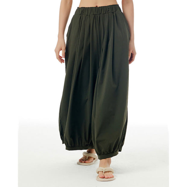 Buddha Stones Solid Color Loose Elastic Waist Wide Leg Pants With Pockets 15