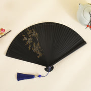 Buddha Stones Hibiscus Flower Plum Blossom Handheld Bamboo Folding Fan