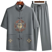Buddha Stones Fu Character Tang Suit Hanfu Traditional Uniform Short Sleeve Top Pants Clothing Men's Set Men's Meditation Cloth BS Gray(Top&Pants) 3XL(Bust 124cm/Waist 71-112cm/Pants Length 102cm)