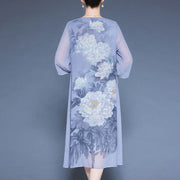 Buddha Stones Peony Flowers Print Three Quarter Sleeve Midi Dress