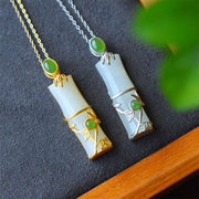Buddha Stones White Jade Cyan Jade Bamboo Protection Necklace Pendant