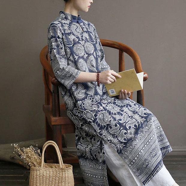 Buddha Stones Blue And White Porcelain Pattern Frog-button Midi Dress Three Quarter Sleeve Linen Batik Dress With Pockets 10